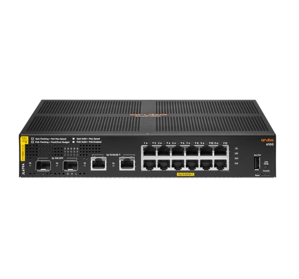 HPE Aruba Networking 6100 12G Class4 PoE 2G/2SFP+ 139W Administreret L3 Gigabit Ethernet (10/100/1000) Strøm over Ethernet (PoE) 1U Sort HPE Aruba Networking 6100 12G Class4 PoE 2G/2SFP+ 139W Administreret L3 Gigabit Ethernet (10/100/1000) Strøm over Ethernet (PoE) 1U Sort