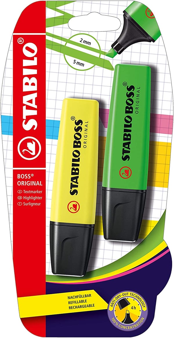 STABILO Boss Original speedmarker 2 stk Mejselspids Grøn, Gul