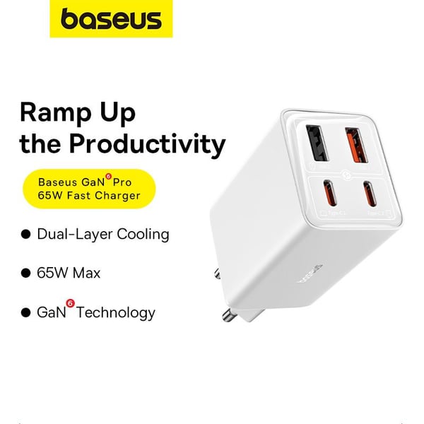 Baseus GAN6 65W ADPTR + 100W C KBL-BYZ oplader til mobil enhed PDA, Tablet, Telefon Hvid Vekselstrøm Automatisk
