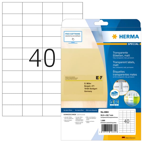 HERMA 4684 tulostintarra Läpinäkyvä Itse kiinnittyvä tulostintarra HERMA 4684 tulostintarra Läpinäkyvä Itse kiinnittyvä tulostintarra