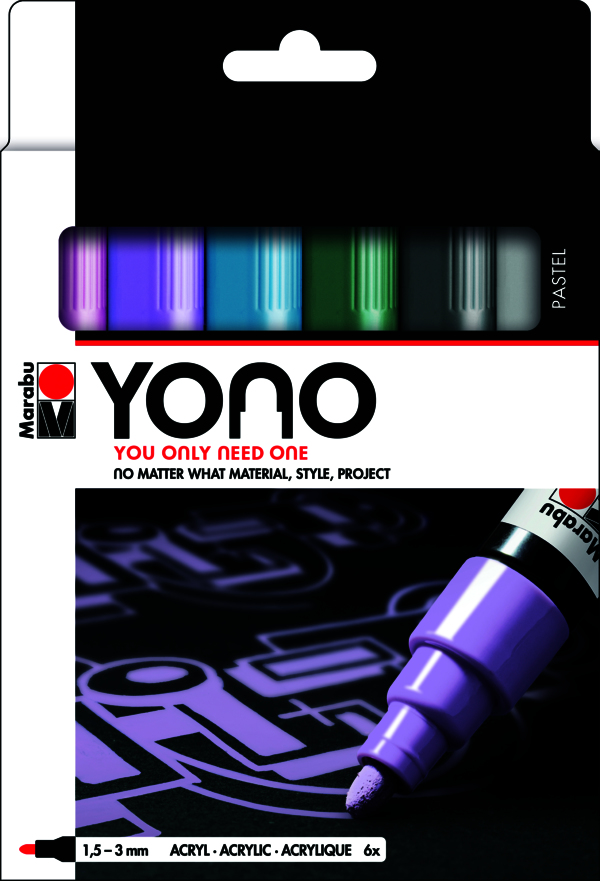 Marabu YONO Marker Set PASTEL Blå, Grå, Violet, Lyserød, Hvid 6 stk