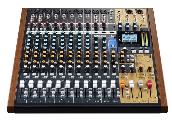Miniatyrbild 9 av 10: Tascam MODEL 16 ljudmixbord 16 kanaler 20 - 30000 hz Svart, Guld, Trä