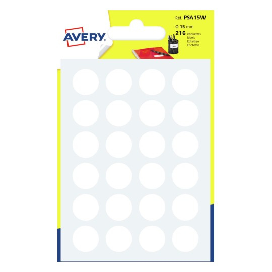 Avery PSA15W selvklæbende etiket Rund Permanent Hvid 216 stk