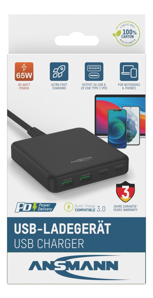 Ansmann DC465PD Laptop, Smartphone Sort Vekselstrøm Hurtig opladning Indendørs