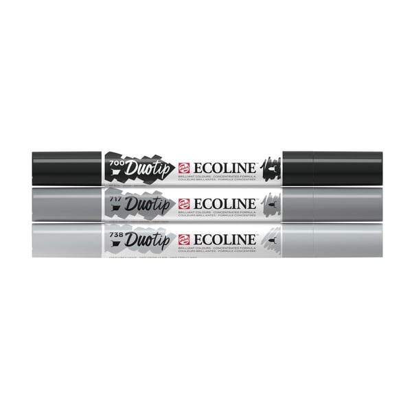 Ecoline Duotip tussi 3 kpl Taltta/Terävä pää Musta, Harmaa, Vaaleanharmaa
