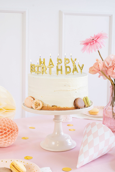 Pikkukuva 2 / 3: Syntymäpäiväkynttilät Happy Birthday, 2,5 cm, kulta (1 pakkaus / 13 kpl)