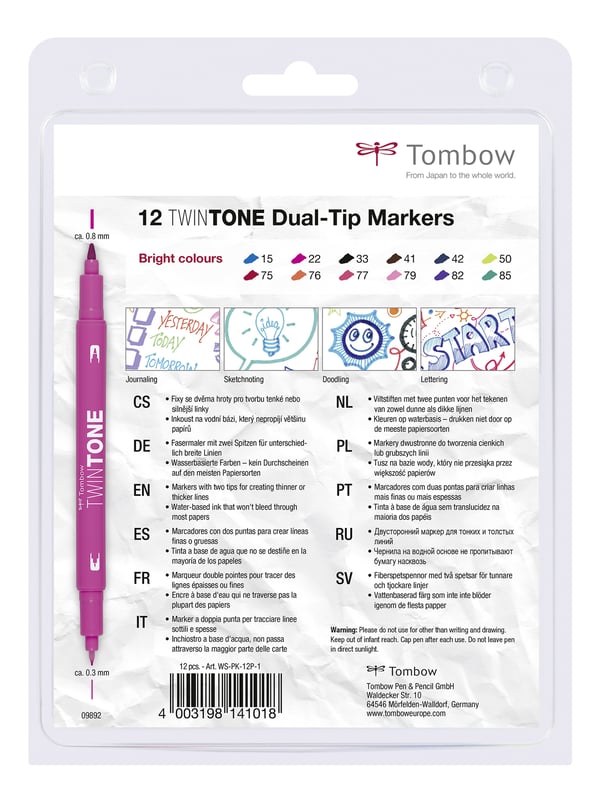 Miniatyrbild 8 av 8: Tombow WS-PK-12P-1 märkpennor 12 styck Fin/Kulspets Svart, Blå, Brun, Cyan, Grön, Orange, Rosa, Röd, Violett