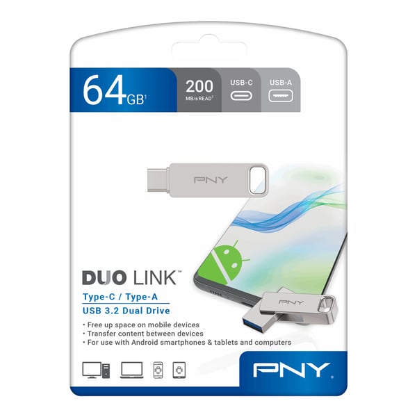 PNY DUO LINK USB-muisti 64 GB USB Type-A / USB Type-C 3.2 Gen 1 (3.1 Gen 1) Ruostumaton teräs
