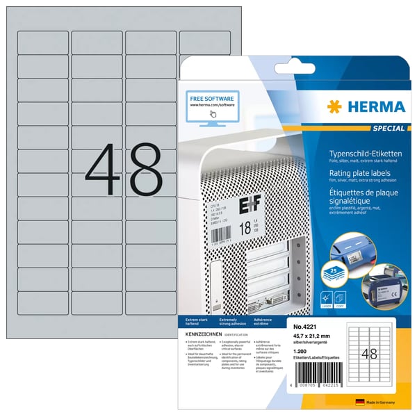 HERMA 4221 självhäftande etiketter Rundad rektangel Permanent Silver 1200 styck HERMA 4221 självhäftande etiketter Rundad rektangel Permanent Silver 1200 styck