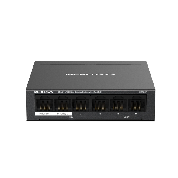 Miniatyrbillede 1 af 3: Mercusys MS106P netværksswitch Ikke administreret Fast Ethernet (10/100) Strøm over Ethernet (PoE) Bord-/vægmontering Sort