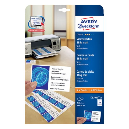 Miniatyrbillede 1 af 5: Avery C32010-25 visitkort Laser/inkjet Pap Hvid