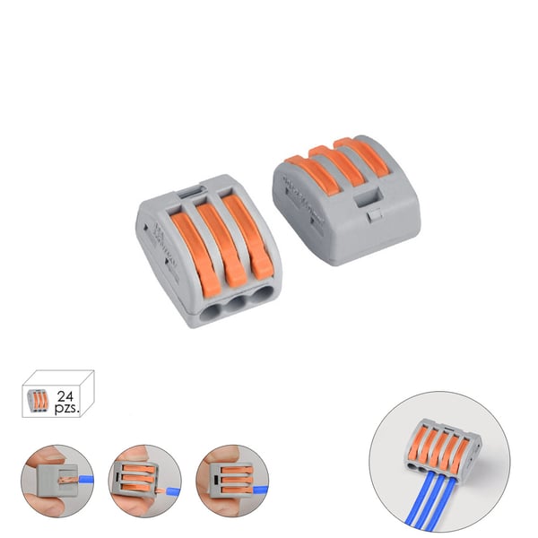 Wolfpack Regleta Conexion Electrica Rapida, 3 Polos, 4mmØ, 32A, 24 Unidades
