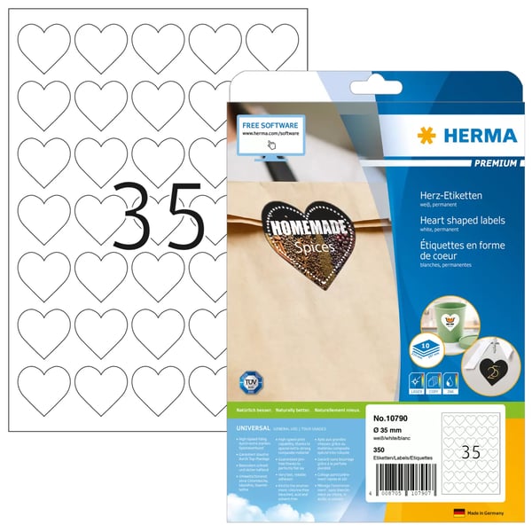 Miniatyrbild 1 av 6: HERMA 10790 självhäftande etiketter Hjärta Permanent Vit 350 styck