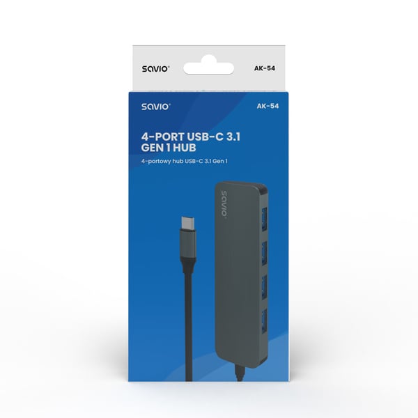 Savio Hub USB-C - 4 x USB-A AK-54 USB 3.2 Gen 1 (3.1 Gen 1) Type-A 1000 Mbit/s Svart
