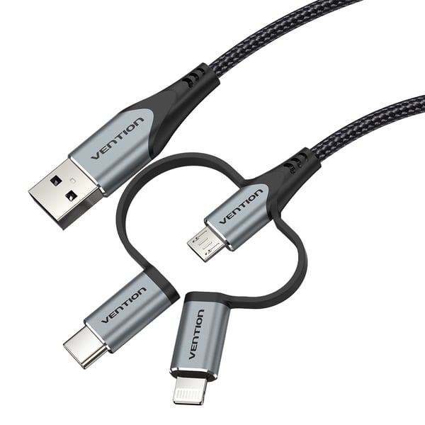 Miniatyrbillede 5 af 8: Vention CQJHF kabel til mobiltelefon Grå 1 m USB A Lightning + micro-USB B + USB C