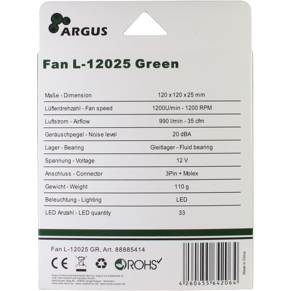Inter-Tech L-12025 Datorväska Fan 12 cm Svart, Grön