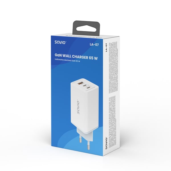 Savio LA-07 adowarka Sieciowa GaN 65W Biaa Kuulokkeet, Kuulokkeet, Tabletti, Puhelin, Kello Valkoinen AC Ulkona