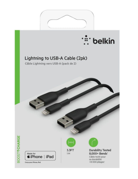 Belkin CAA001BT1MBK2PK Lightning kabel 1 m Sort
