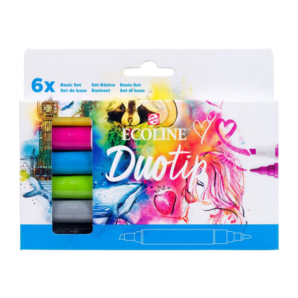 Ecoline Duotip tussi 6 kpl Taltta/Terävä pää Musta, Syaani, Harmaa, Vaaleanvihreä, Magenta, Keltainen