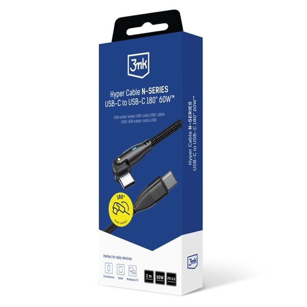 Kaapeli 3MK Hyper Cable N-SARJA USB-C–USB-C 2m 20V/3A 60W pyörivä musta