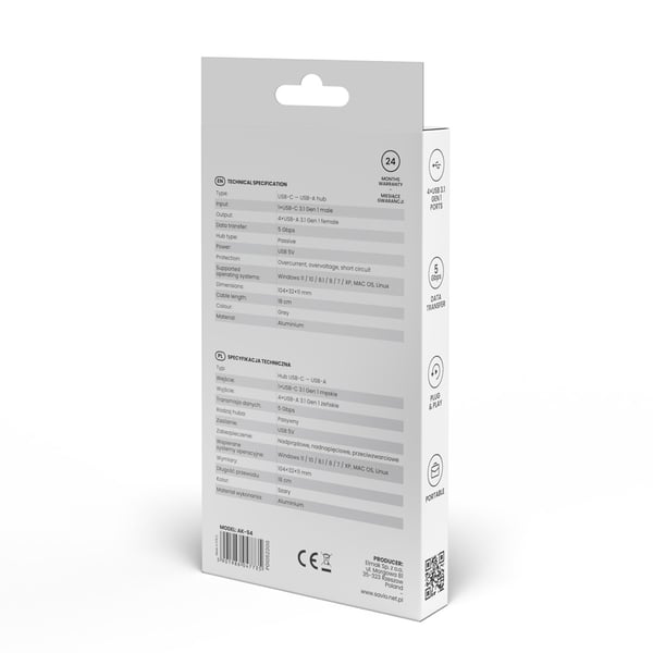 Savio Hub USB-C - 4 x USB-A AK-54 USB 3.2 Gen 1 (3.1 Gen 1) Type-A 1000 Mbit/s Svart