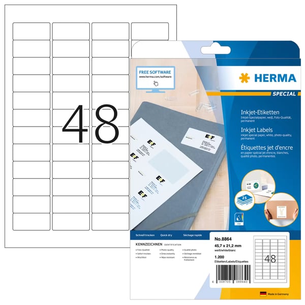 Miniatyrbillede 1 af 2: HERMA 8864 selvklæbende etiket Afrundet rektangel Permanent Hvid 1200 stk