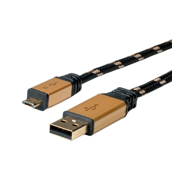 ROLINE 11.02.8825 USB-kabel USB 2.0 0,8 m USB A Micro-USB B 0,48 Gbit/sek. Sort, Guld