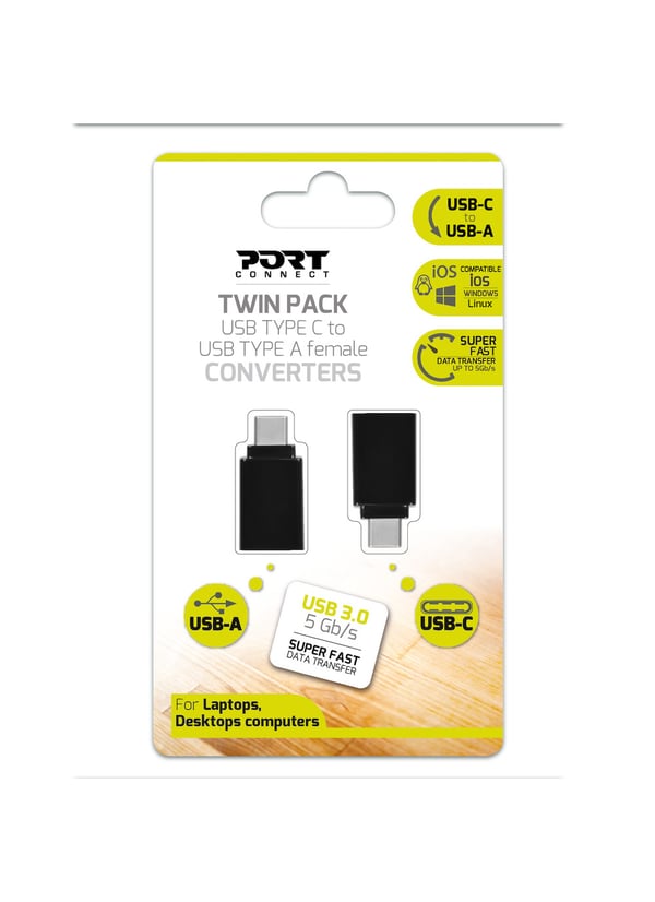 Miniatyrbild 1 av 5: Port Designs 900142 kabelomvandlare (hane/hona) USB-C USB-A Svart