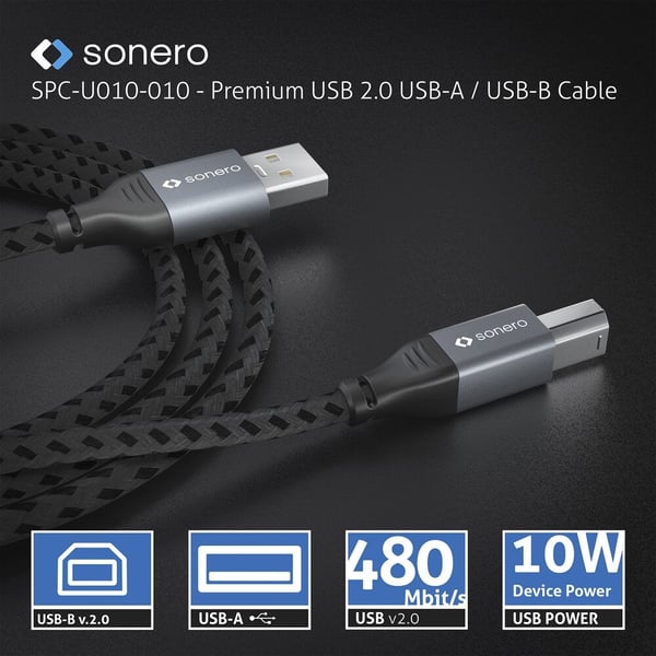 Miniatyrbild 5 av 6: sonero SPC-U010-010 USB-kablar USB 2.0 1 m USB A USB B 0,48 Gbit/s Svart, Grå