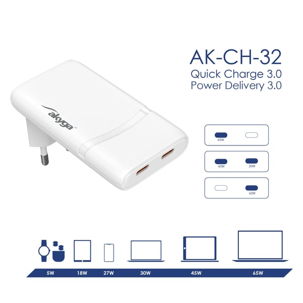 Akyga USB Ladegerät 65 W USB-C® Weiß Hörlurar, Mobiltelefon, Headset, Netbook, Bärbar dator, Smartphone, Powerbank, Bärbar högtalare, Bärbar skrivare, Bärbar spelkonsol, Smartwatch, Surfplatta, Telefon, Universal Vit AC Snabb laddning inomhus