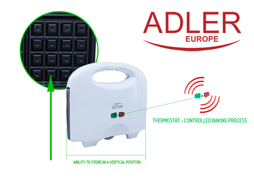 Miniatyrbillede 4 af 12: Adler AD 311 vaffeljern 2 vaffel/vafler 700 W Sort, Hvid