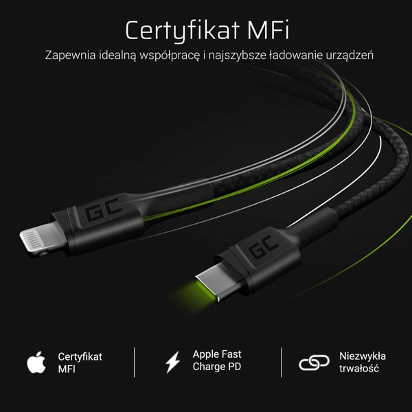 Miniatyrbillede 2 af 5: Green Cell KABGC07 Lightning kabel 1 m Sort