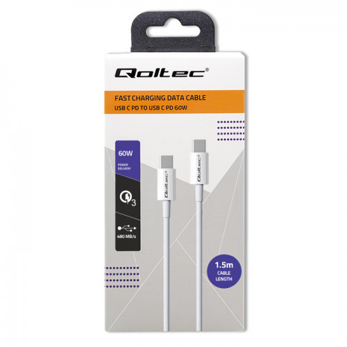 Qoltec 52360 USB-kablar USB 2.0 1,5 m USB C 0,48 Gbit/s 60 W Vit