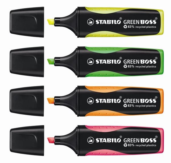 Miniatyrbillede 3 af 3: STABILO Green Boss speedmarker 4 stk Mejselspids Grøn, Orange, Lyserød, Gul