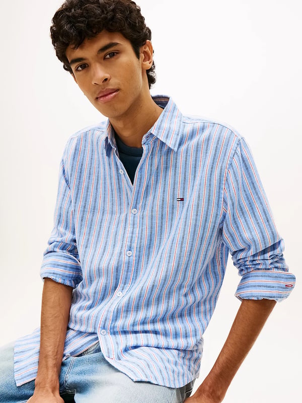 Tommy Hilfiger Regular Fit Stripe Linen Blend Shirt Skjorta Halvspread krage Bomull, Linne