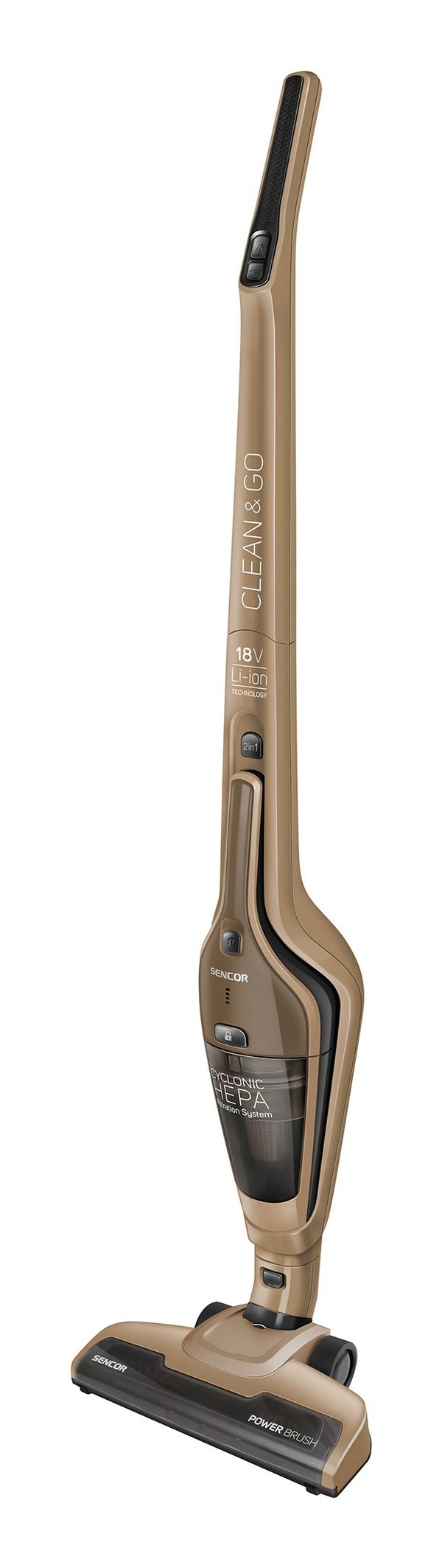 Miniatyrbillede 5 af 9: Sencor SVC 8618GD stav støvsuger & elektrisk kost 2-i-1 stangstøvsuger Batteri Dry HEPA Poseløs 0,5 L 100 W Guld 2 At