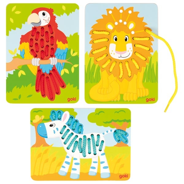 Goki Threading game, parrot, lion, zebra
