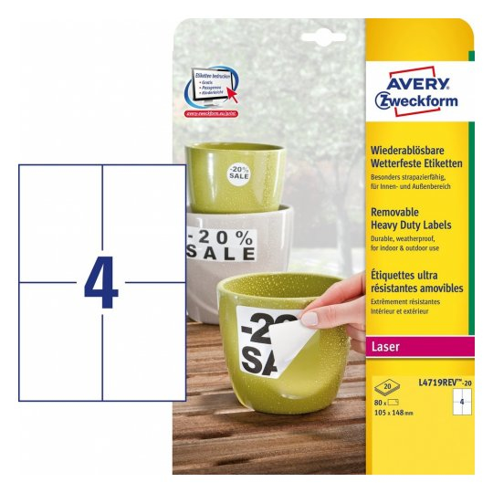 Pikkukuva 1 / 4: Avery L4719REV-20 tulostintarra Valkoinen Itse kiinnittyvä tulostintarra