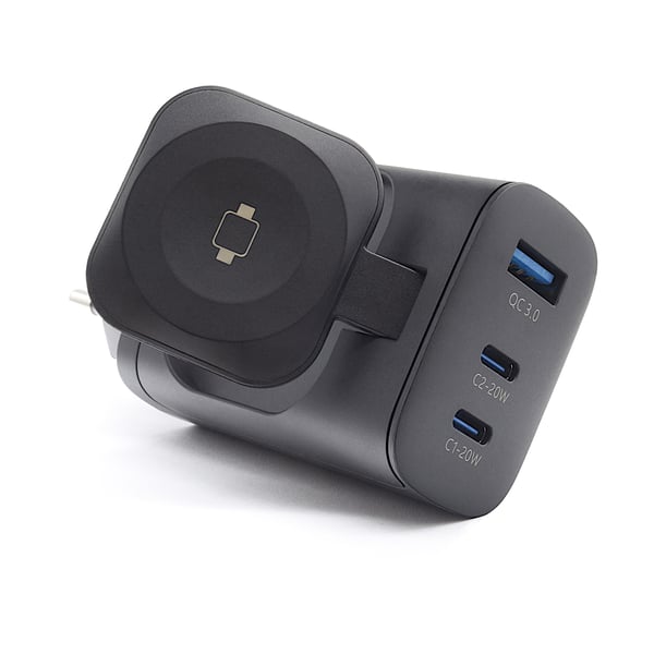 Miniatyrbillede 1 af 3: RealPower 450476 oplader til mobil enhed Strømbank, SmartWatch, Tablet Sort Vekselstrøm Trådløs opladning Hurtig opladning Indendørs