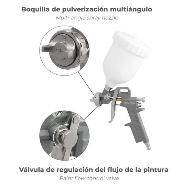 Wolfpack Pistola Pintar Neumática Boquilla De 1,5 mm. Con Depósito Superior 0,6 Litros y Adaptador Rapido