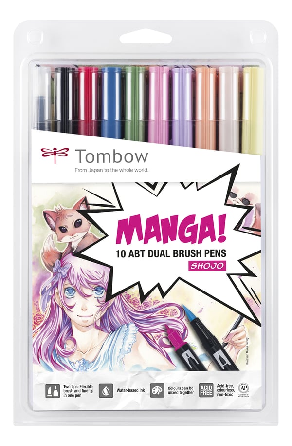 Tombow ABT-10C-MANGA2 stiftpennor Tunn / Medium Svart, Blå, Grön, Grå, Orange, Rosa, Gul 10 styck