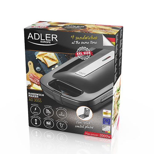 Miniatyrbillede 7 af 9: Adler AD 3055 sandwichtoaster 2000 W Sort, Sølv