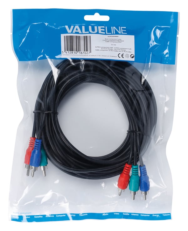 Miniatyrbillede 4 af 4: Valueline 5m 3x RCA m/m komponent (YPbPr ) videokabel 3 x RCA Sort