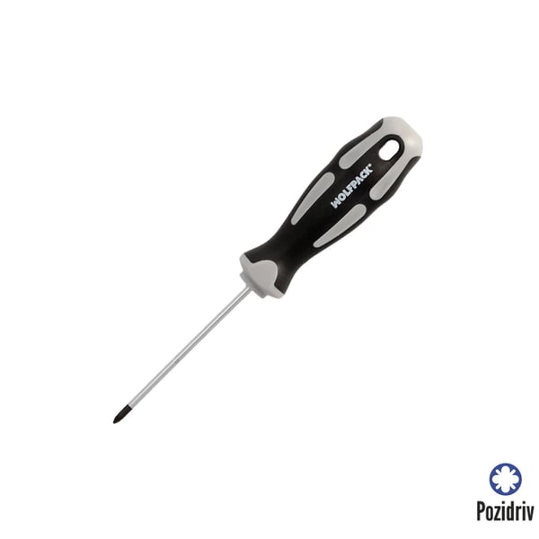 Wolfpack Destornillador Pozidriv Acero S2 Mango TPR Bimaterial. Medida PZ 0 x Ø 3,0 x 75 mm. DIN5262.