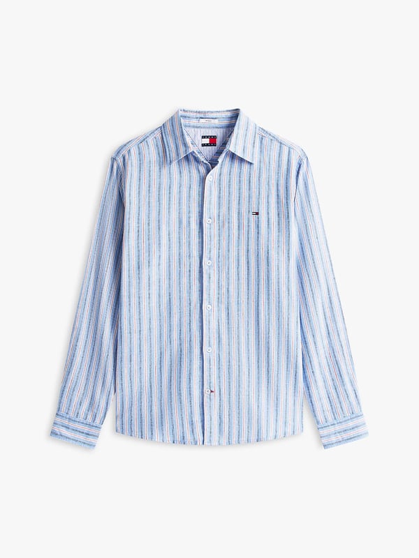 Tommy Hilfiger Regular Fit Stripe Linen Blend Shirt Skjorta Halvspread krage Bomull, Linne