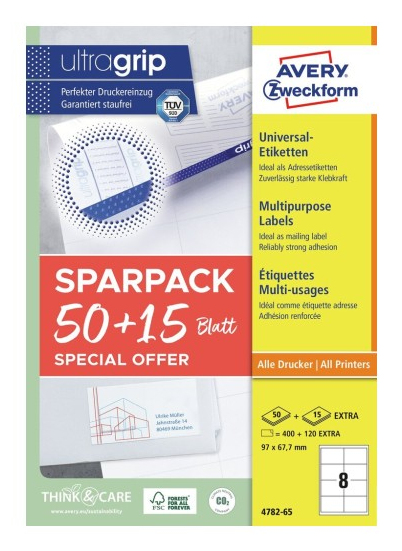 Avery 4782-65 självhäftande etiketter Rektangel Permanent Vit 520 styck