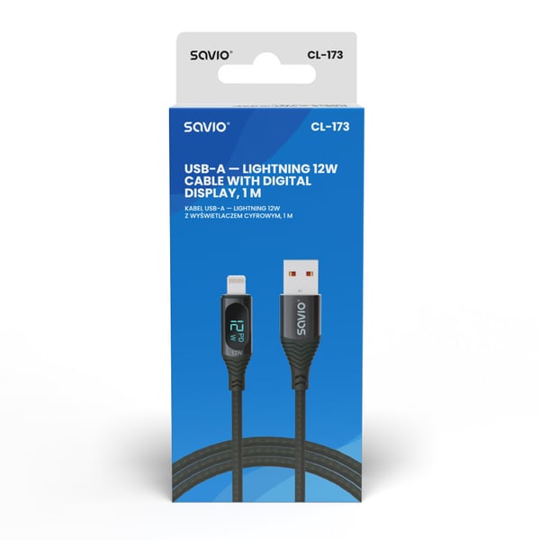 Savio USB - Lightning cable with display CL-173 1 m black Musta