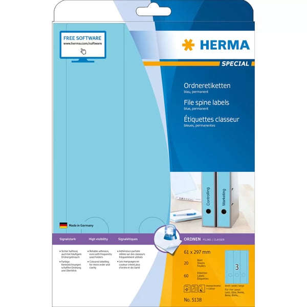 HERMA 5138 selvklæbende etiket Afrundet rektangel Permanent Blå 60 stk