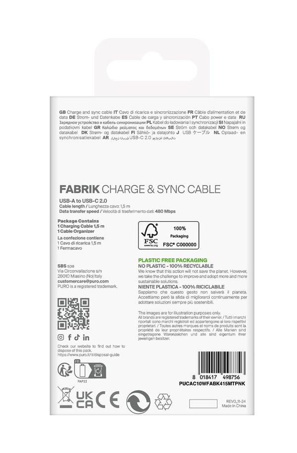 PURO PUCAC10WFABK415MTPNK USB-kabel USB 2.0 1,5 m USB A USB C Lyserød