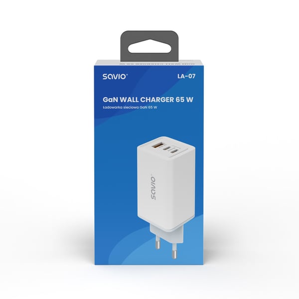 Savio LA-07 adowarka Sieciowa GaN 65W Biaa Hovedtelefoner, Headset, Tablet, Telefon, Ur Hvid Vekselstrøm Udendørs